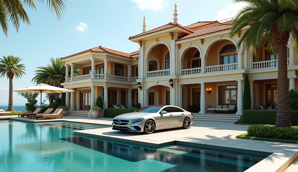 luxury mansion with a mercedes car parked in front of it, seaside, luxury pool, luxury lifestyle, luxurious environment, luxury architecture, rich, huge mansion, rich style, luxury and elite, extremely opulent, luxurious, hyper luxurious, majestic masterpiece, wealthy, luxury, stunning grand architecture, exquisite masterpiece, flaunting his wealth, inside a grand, architectural masterpiece, heaven, heavenly