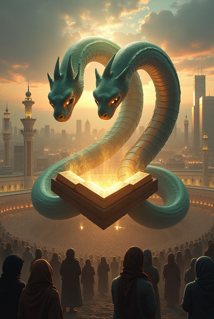 A big 3 head snake carry Qur'an background makka view and others people pray namaz