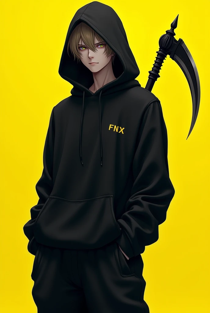 naughty man,smooth face like anime,menacing look,black hooded sweatshirt,Black play pants,Scythe in the back,FNX written on the hood,yellow backdrop.