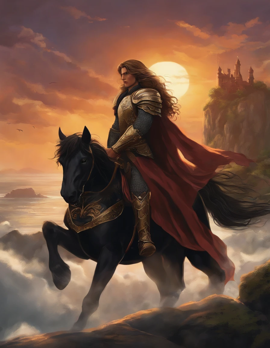 He wears a mythical black armor made of divine black iron, he carries a two-handed sword with a blade as black as the sunset that he swings with ease. With a body toned and beautiful face along with her long Gold hair., it's the dark ages. , mad World, Floating Islands, cloud castle, (Best Quality:1.3), (High resolution:1), (detailed:1.3), (incredible:1.3), (perfect:1.3), (perfection:1.3), (volume cover art:0), (illustration:1.3), studio ghibli art