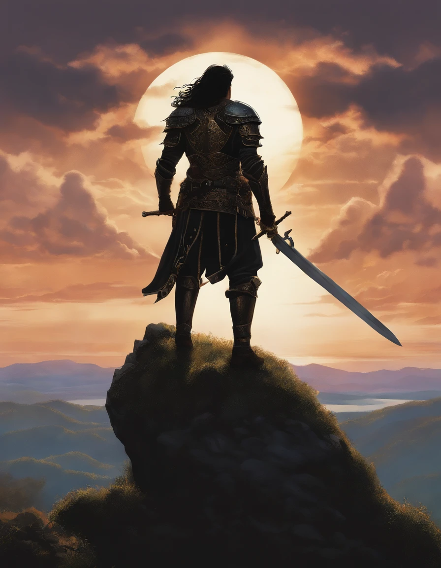 He wears a mythical black armor made of divine black iron, he carries a two-handed sword with a blade as black as the sunset that he swings with ease. With a body toned and beautiful face along with her long Gold hair., it's the dark ages. , mad World, Floating Islands, cloud castle, (Best Quality:1.3), (High resolution:1), (detailed:1.3), (incredible:1.3), (perfect:1.3), (perfection:1.3), (volume cover art:0), (illustration:1.3), studio ghibli art