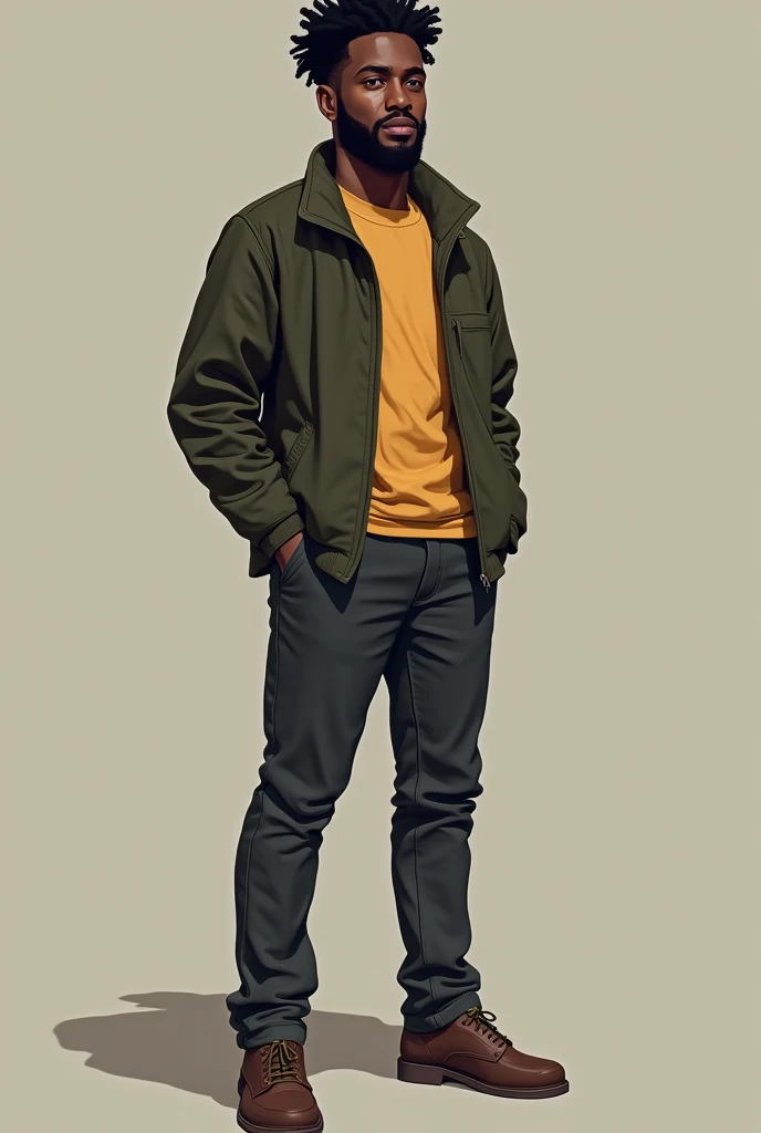 A man. Young looking. 23 years old. African dark skin. Very little stubble, curious eyes, gentle face, tall. Half Casual wear. Intriguing expression, full body
