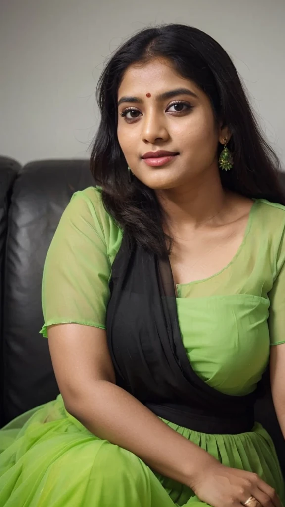 South Indian women, wearing light green colour chiffon transparent shiny skirt and black chiffon shirt