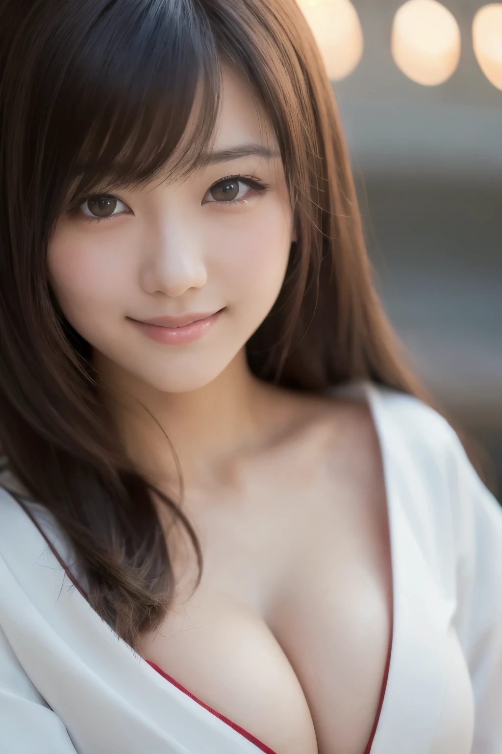 best quality, face focus, soft light, ultra high res, (photorealistic:1.4), RAW photo,(Shinozaki Ai), white skin, kawaii, 1 Japanese girl, solo, cute, (smile), (pupil, lights in the eyes),  detailed beautiful face, Medium-sized breasts,(high resolution detail of human skin texture),(long hair),(portrait), upper body, white traditional kimono