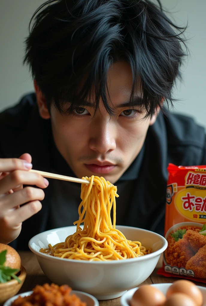 very realistic, making noodles in packages, with a picture of noodles with eggs and fried chicken, as well as an emo-haired man with the words "bojes mie sange" UHDR super realistic