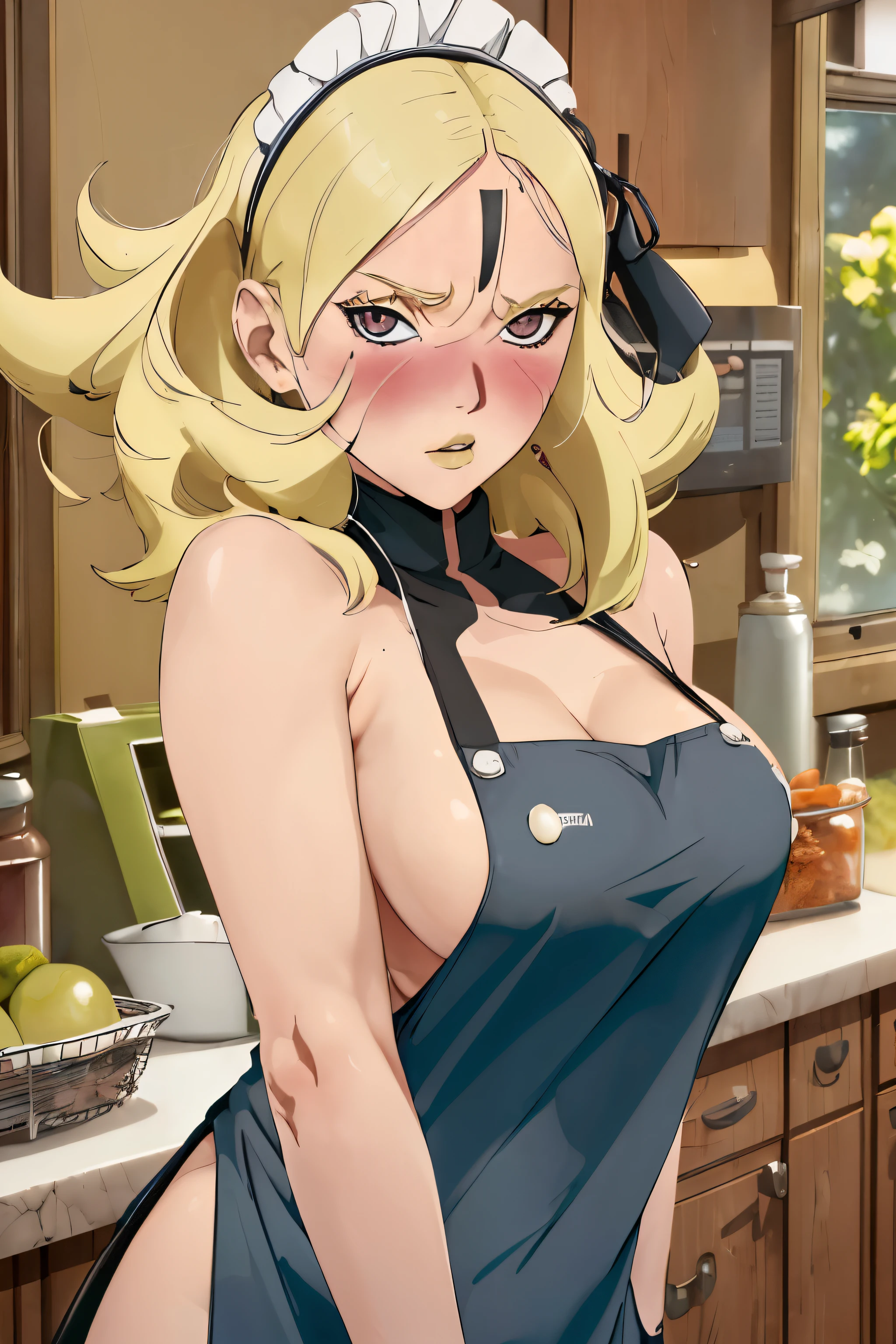 (best quality:1.3), (4K quality), Delta by Boruto, hair blonde, ((face detailed)), ((blush)), (breasts big), ((Apron on naked body, kitchen)), ((bared shoulders)), bare arms,