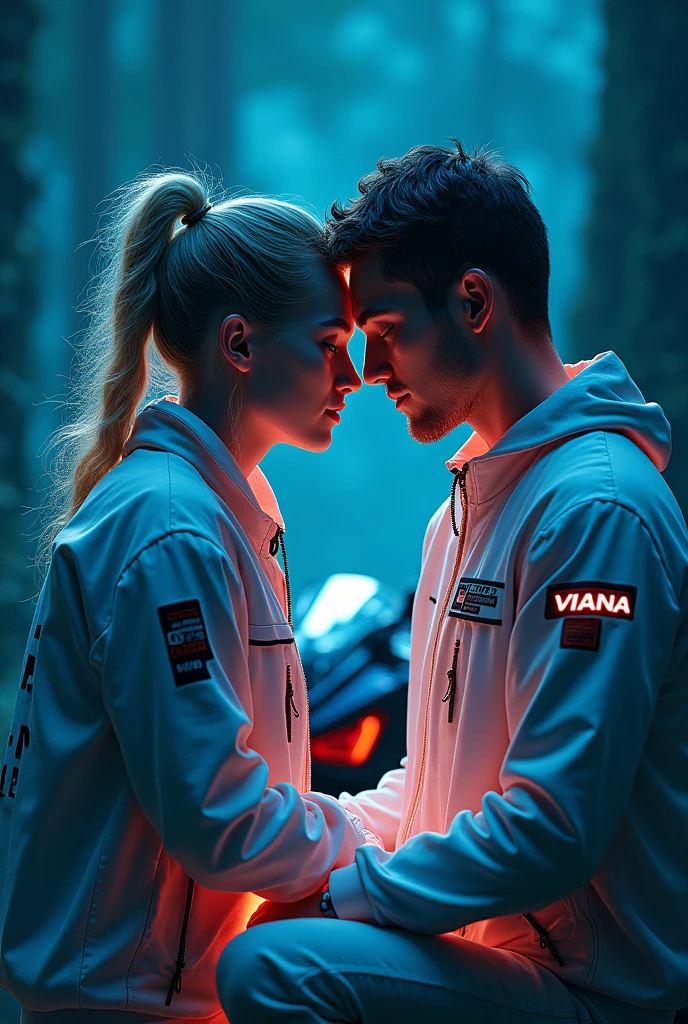 3D glowing man and woman hugging with glowing hair wearing jackets that say GASTON and VIANA sitting in front of a Ninja ZX 250 motorcycle