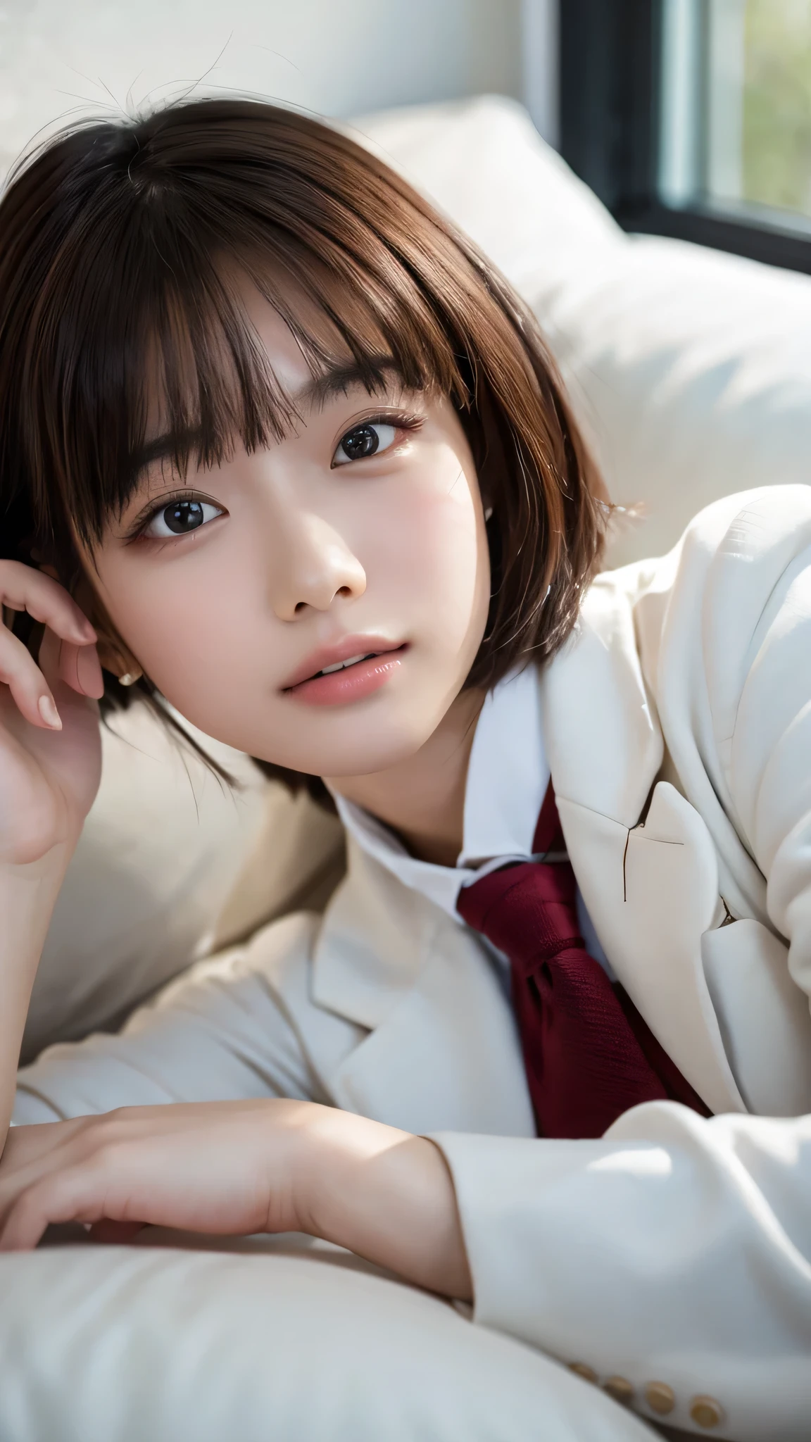 ((masterpiece, Highest quality, High resolution)), One of the Japan, (Realistic: 1.2), Excited、Great face,Glossy Lips、15 years old, short hair, (Beautiful Hair:1.5), high school girl、(White blazer、White jacket)、(Red tie)、Checked mini skirt、Beautiful feet、hotel、(Resting one's face on the pillow)、(On the bed)、(Sleeping on your side)、stare、Side angle, Smooth, Highly detailed CG composite 8K wallpaper, High resolution RAW color photos, Professional photography, Light, BackLight, dream-like, impressive, Written boundary depth, (Face close-up:1.5)
