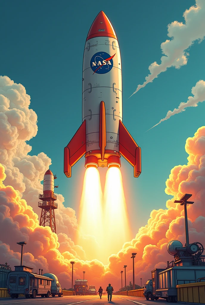 Draw a cartoon rocket launching from NASA in the style of a Marvel comic book.