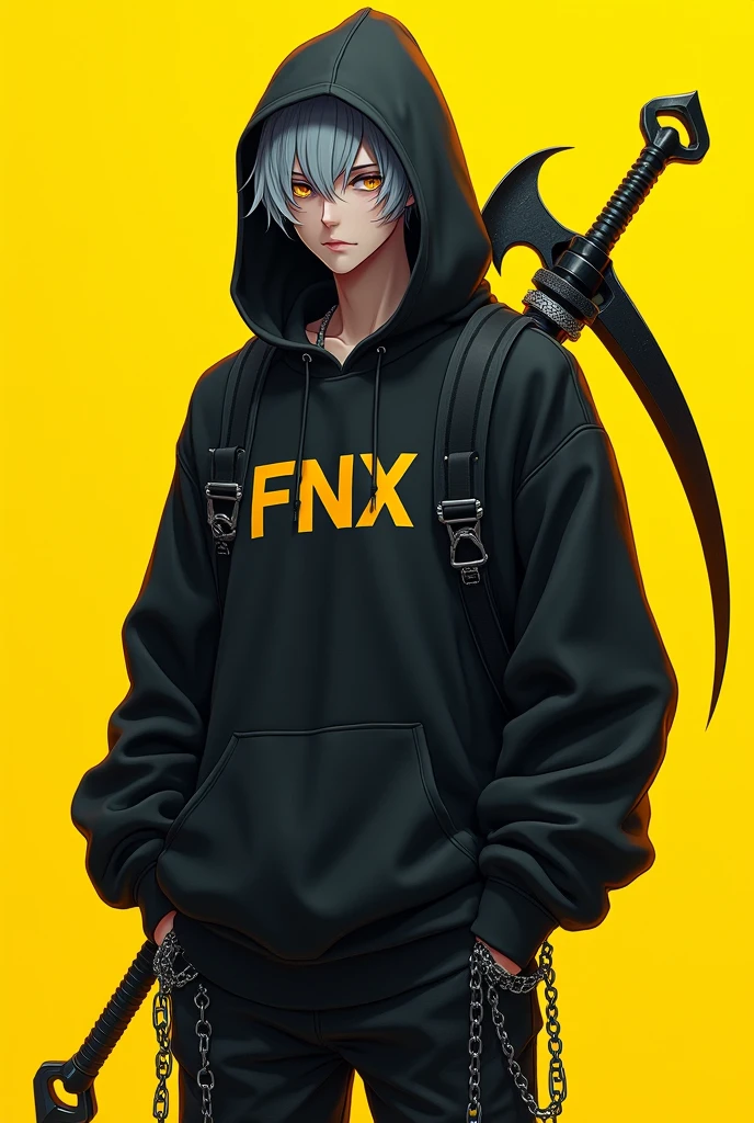 naughty man,smooth face like anime,menacing look,black hooded sweatshirt,Black play pants with chains,Scythe in the back,FNX written on the hood,yellow backdrop.