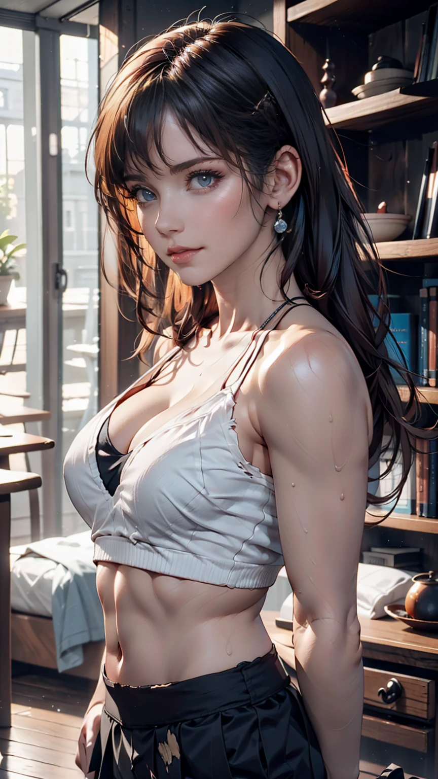 Realistic, Two people staring at each other, Long Shot, 1 small, short woman (Are standing) In a bikini, Long Hair, barefoot, 1 Mini Giant Mini Girl (feminine, Thin body type, sexy, Torn clothes, Sweat), (Mid-chest: 1.5) Looking down, Dynamic pose, In a tank top, Scenes involving two women, Pay attention to the height difference, Couple, skirt, Upset face (Highly detailed skin), Detailed face, 8K Ultra HD, Soft lighting, high quality, Full body portrait.
