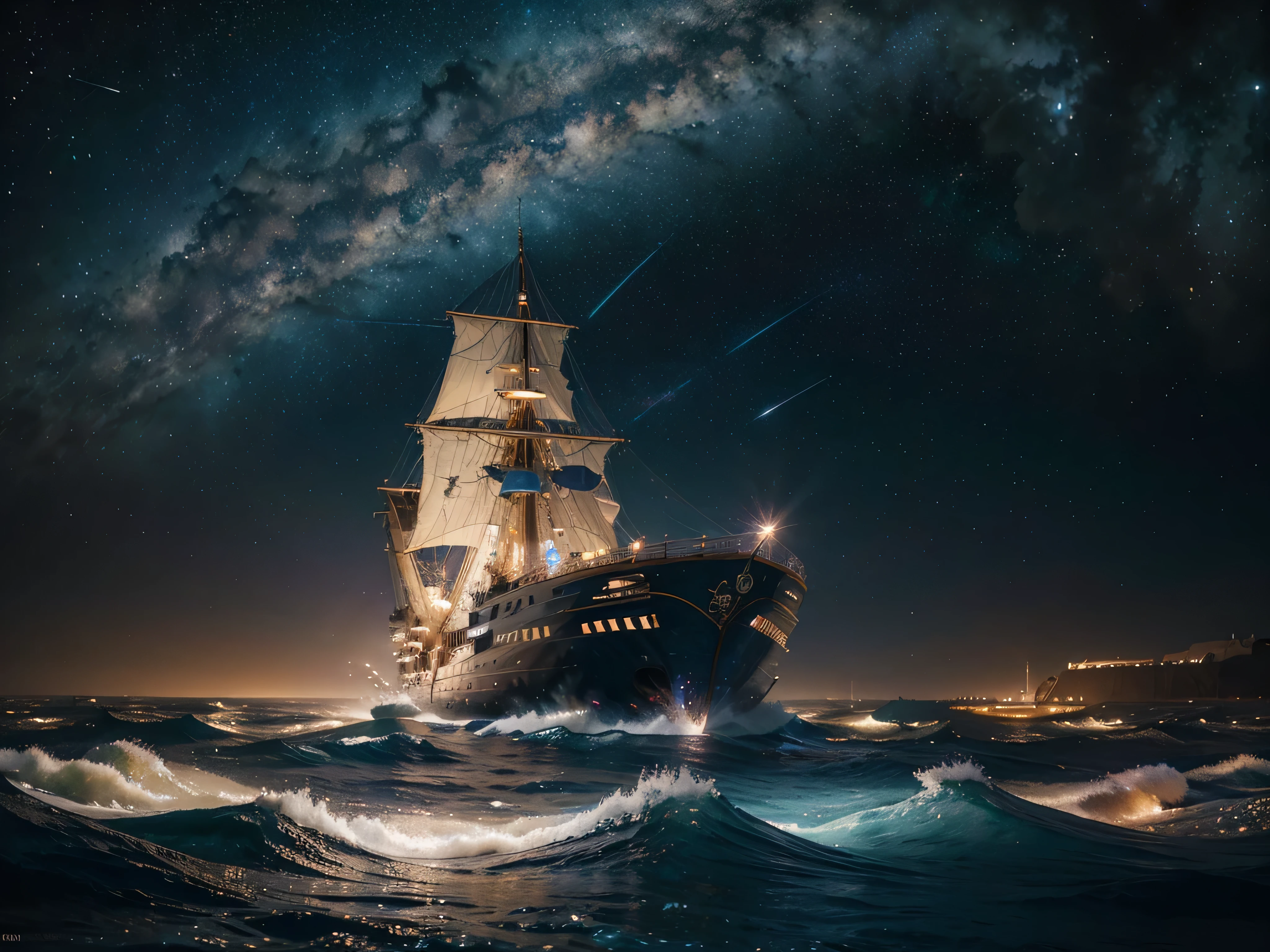 A luminously swirling celestial ship adorned in an array of vivid colors intertwined with golden accents, navigating through a sea of sparkling stars and galaxies in a majestic cosmic canvas. The main subject is a spaceship in a digital anime illustration. This detailed and intricate painting captures the essence of futuristic adventure and exploration, with dazzling lights and intricate designs that truly bring the scene to life. The image is stunningly vibrant and immersive, evoking a sense of wonder and awe in its viewers.