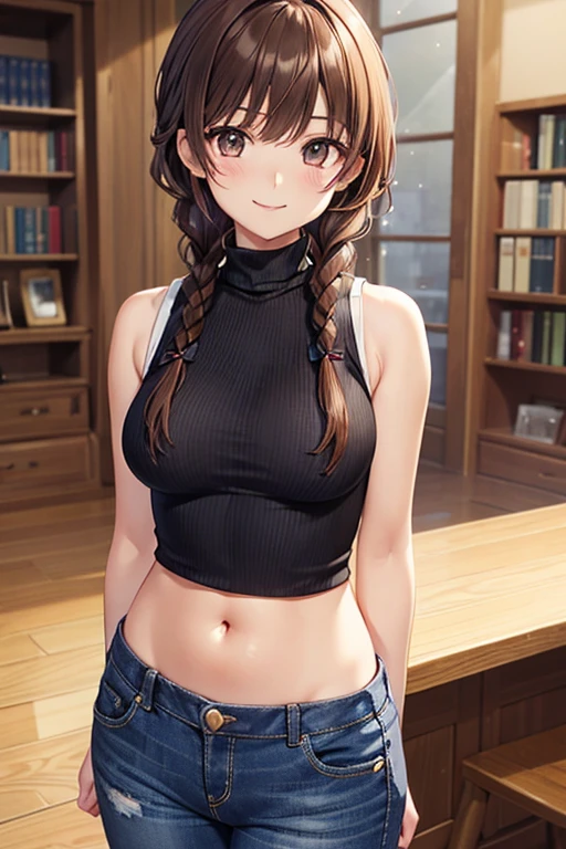 Yuno Shimazu、Shiny brown hair,Long Hair,  Hair that falls over the shoulders、(( Braid、Twin Blade)),Beautiful brown eyes、Sparkling eyes, Fine grain、smile、Ultra-detailed eyes、Highly detailed face, Highly detailed eyes,Cowboy Shot、

 
最high quality、High resolution, masterpiece, high quality, 最high quality, beautiful, Perfect lighting, very cute,
 alone, ((Sleeveless fitted turtleneck rib knit crop top、belly button))((Denim pants)), ,
  ((Mid-chest)), Wide Hips,  blush, smile, View your audience, , library, Place your arms behind your back,
