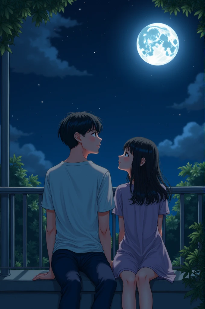 A boy lying on the teenl lap and watching the full moon on the dark sky with glowing stars on the balcony