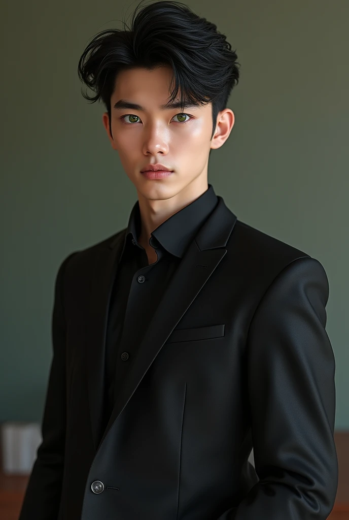 (photorealism:1.2), 28-year-old reslista boy (Short black hair well groomed + intense green eyes + pale + athletic build but with toned muscle + marked jaw + shapely clothes, black suit and expensive watch)