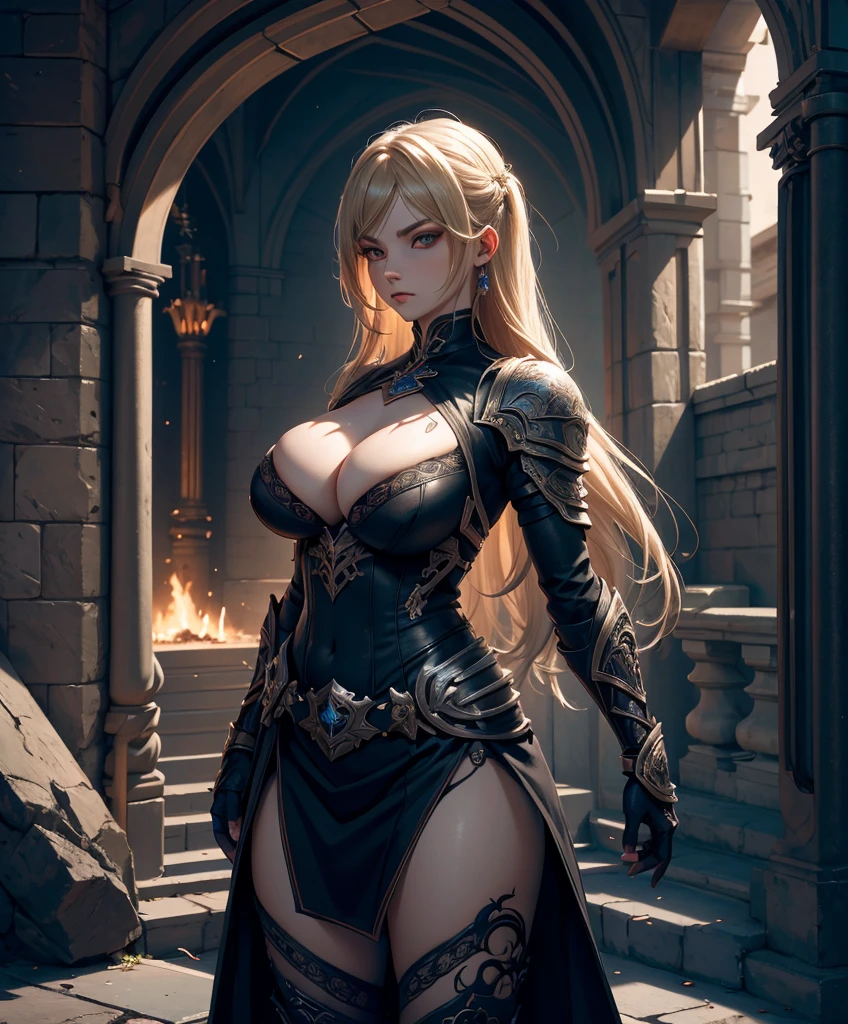 score_9, score_8_up, score_7_up, source_anime, source_explicit, Imposing and intimidating human female warrior with long blonde hair, dark armor and a sinister appearance like that of a villain. She is very attractive and alluring, but is in the service of an evil force. hyper detailed, gothic art, trending on artstation,intricate details, ultra detailed,, ultra detailed clothes, epic masterpiece, ultra detailed, intricate details, award winning, fantasy art concept masterpiece, trending on Artstation, digital art, unreal engine, 8k, ultra HD, centered image