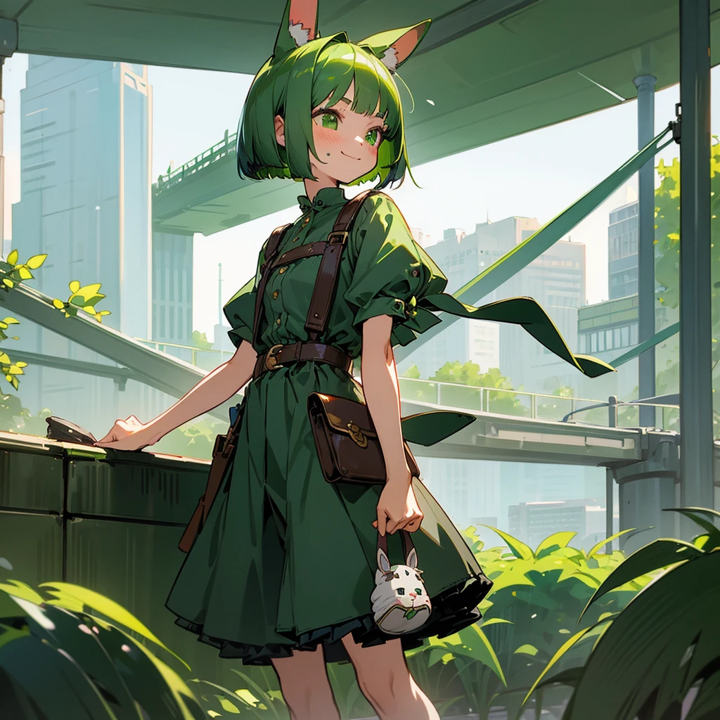 Green rabbit ears, green animal ears, a girl, bob cut, green hair, green eyes, look young, alone, short, tiny,Lolita, childhood,smile, overall, belt, waist bag, waist pouch, kawaii, cute,face, 1900 age, City,