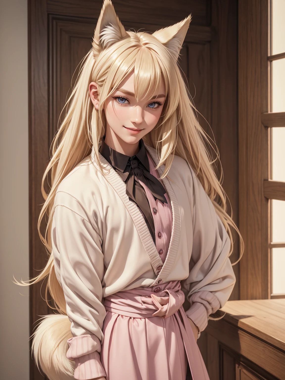 (best quality), 1boy, male, porcelain skin, blonde hair, straight hair, long hair, swept bangs, cardigan, skirt, brown eyes, perfect eyes, (wolf ears), (wolf tail), collar, flat chest, smile, masculine, blush, pink lips, masterpiece, anatomically correct, highres
