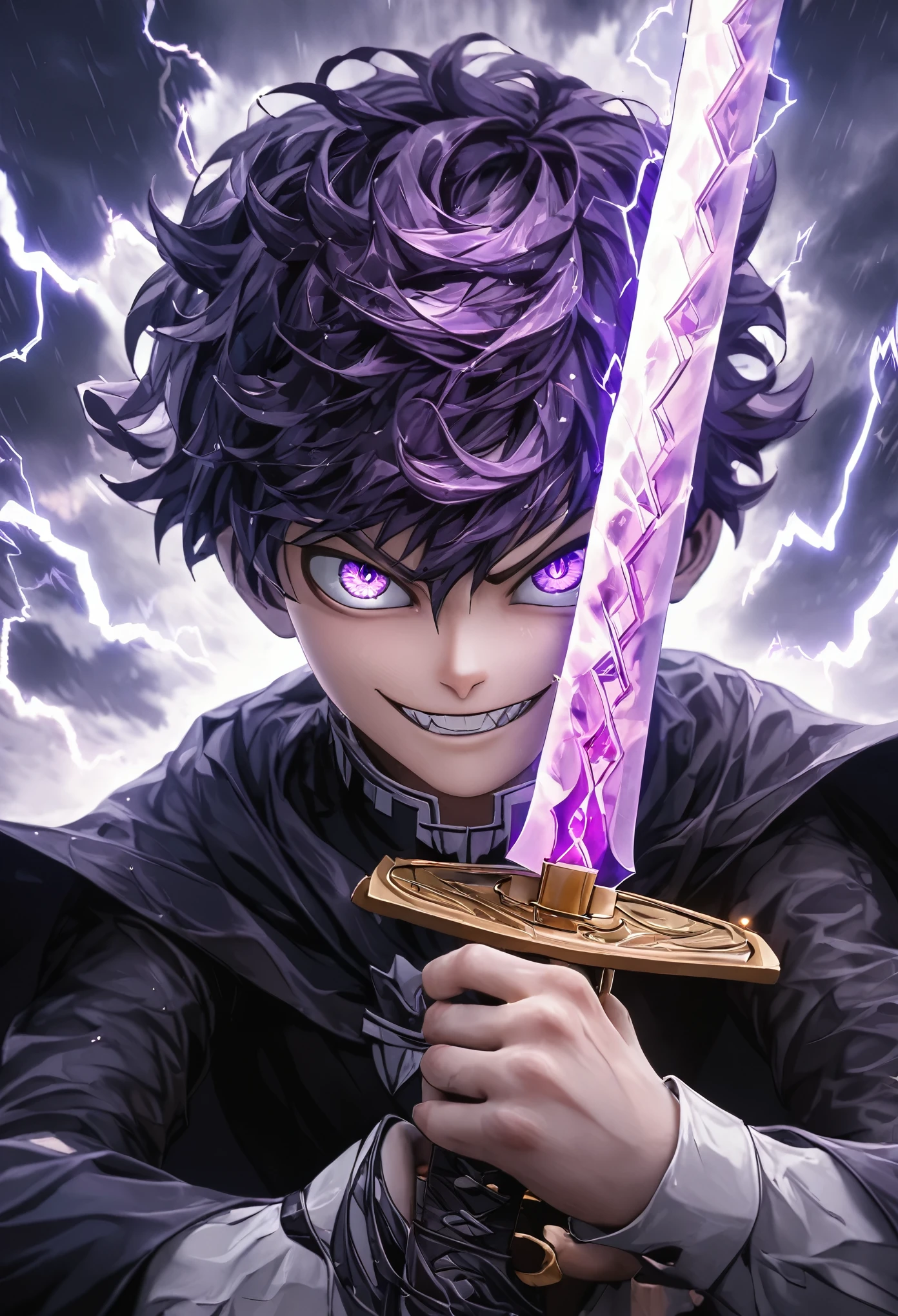 Masterpiece, top quality, high definition CG Unity 8k wallpaper, purple GIANT sword with lightning. Made with great precision. High resolution, has a sharp glowing GIANT sword. He is looking at you with big eyes and sharp eyes. The sword glows purple, creating an evil atmosphere. Three-dimensional illustration with a sense of depth, (((the tip of the sword is facing this))), anatomical hand, anatomical finger, perfect hand, perfect finger, Golden Ratio, 3d art, 2.5D Art, Octane Rendering Style