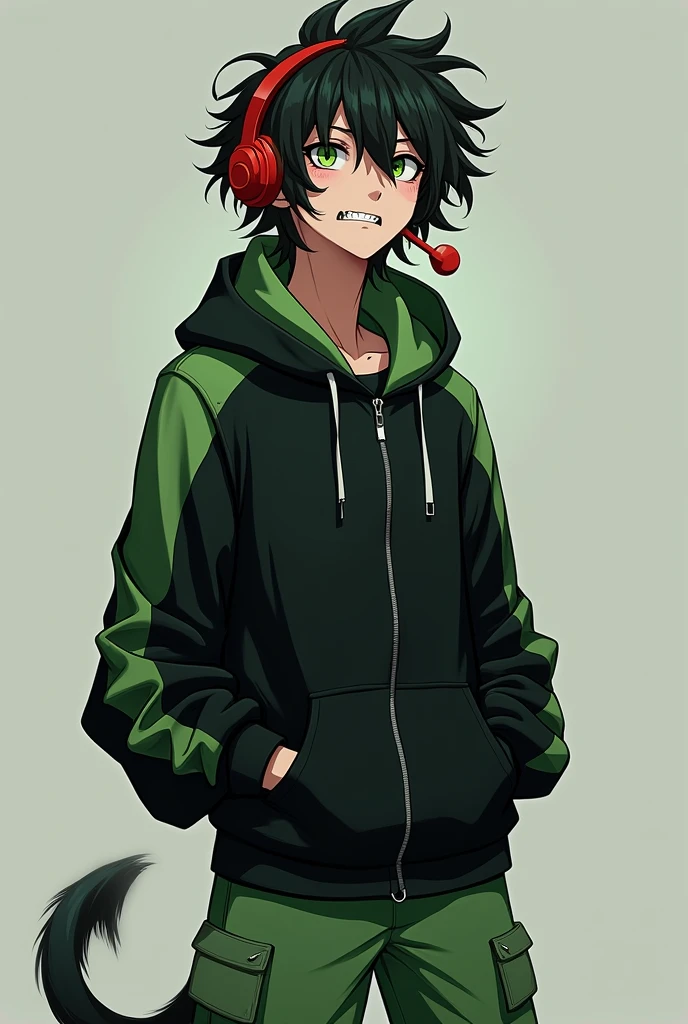 黒のような緑のような髪のmale。。Short, outward-curling hair is tousled and frizzy。Green eyes with an upturned gaze and severe dark circles。
A close-fitting, racer-style hoodie and a red headset are worn。A microphone and antenna extend from the headset。The hoodie is black with green from the shoulders to the biceps。There's a chest pocket with a silver zipper。An inner deep green hooded sweatshirt is worn。The pants are green from the knees down and green around the pockets、The inside is gray。The boots are solid green。A soft tail accessory is attached to the left hip, with a gradient from white to green。The teeth are jagged。The whites of the eyes are black。male。