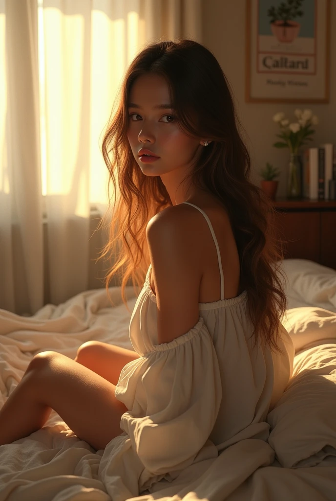(photorealism:1.2), beautiful woman, sitting on a bed, wearing a loose top with open shoulders, long straight hair, indoors, soft lighting, window with sunlight, cozy room, relaxed pose, realistic, complex details, warm colors, by Greg Gorman