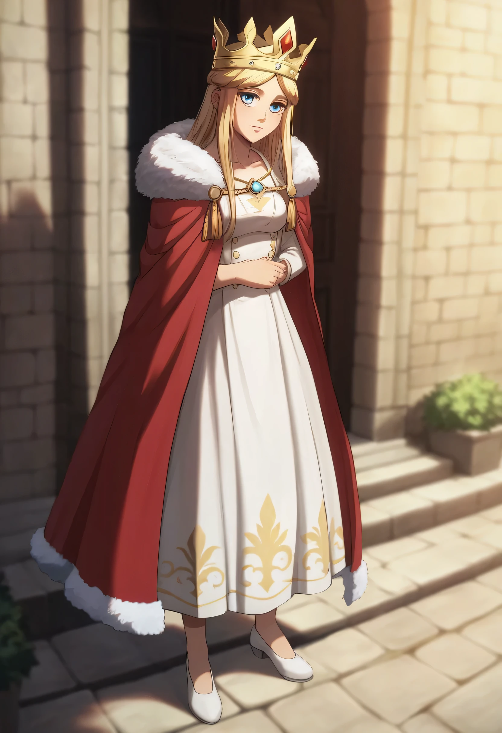 score_9, score_8_up, score_7_up, BREAK source_anime, historia reiss, blue eyes, blonde hair, long hair, medium breasts, long white dress, red cape, fur trim, crown, white shoes,