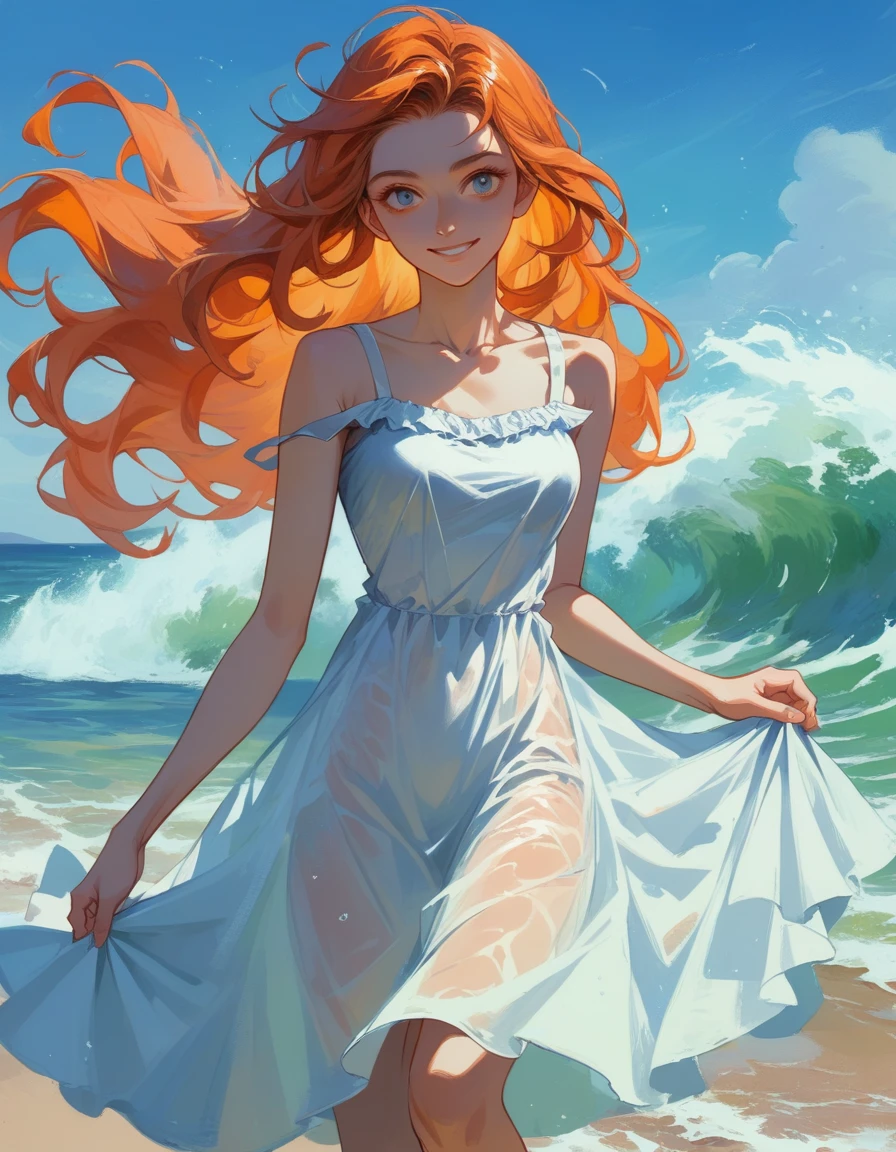 (masterpiece, best quality), ((1girl, solo, long hair)), Ishmael_limbus, innocence expression, bare arms, bare shoulders, bare neck, watercolor, sundress, liquid clothes, water, waves, water dress, blue_theme, night, mist, dark, sharp focus, sea, see-through dress, orange hair, Smile ☺