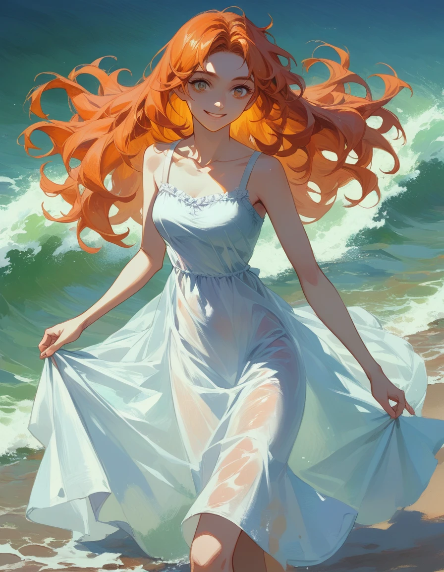 (masterpiece, best quality), ((1girl, solo, long hair)), Ishmael_limbus, innocence expression, bare arms, bare shoulders, bare neck, watercolor, sundress, liquid clothes, water, waves, water dress, blue_theme, night, mist, dark, sharp focus, sea, see-through dress, orange hair, Smile ☺