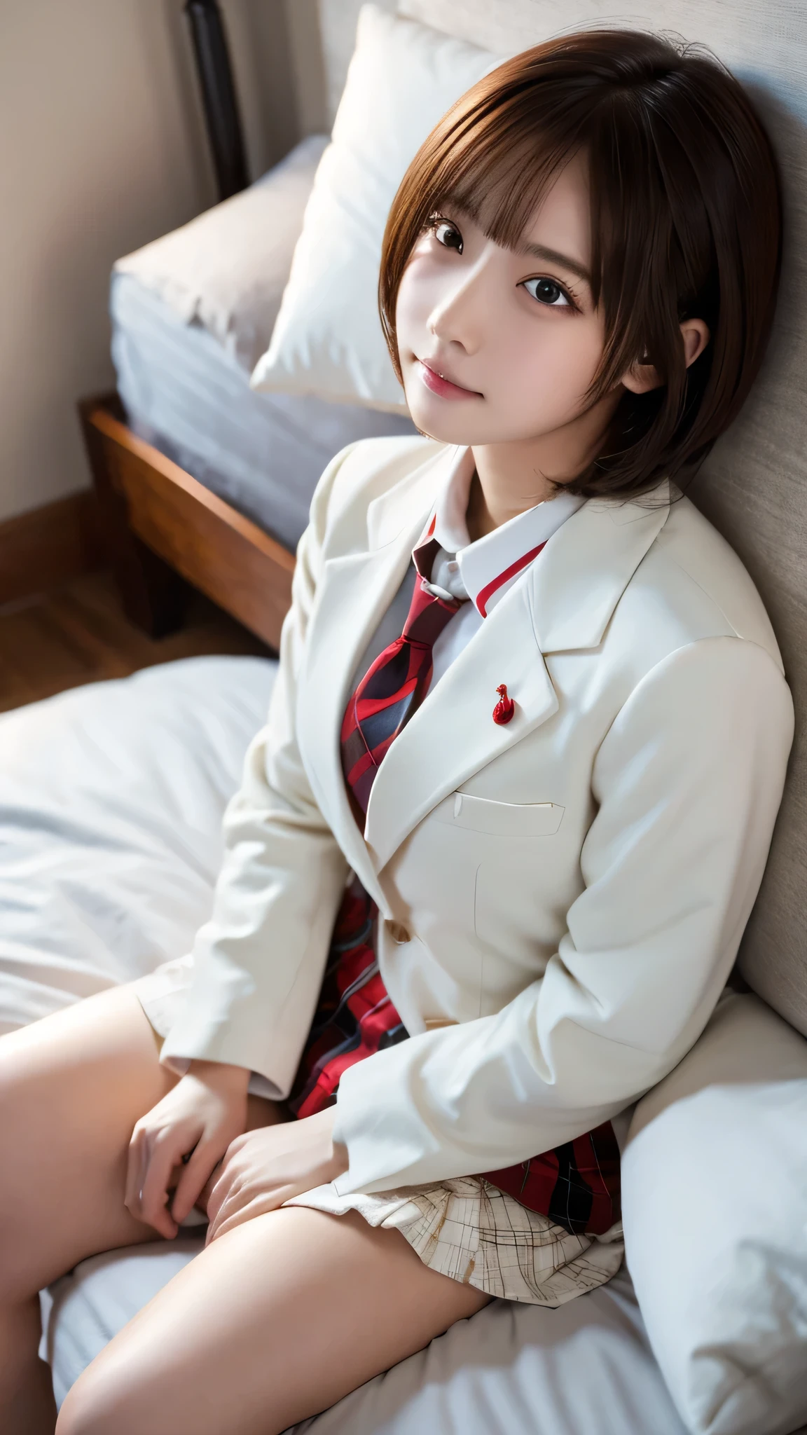 ((masterpiece, Highest quality, High resolution)), One of the Japan, (Realistic: 1.2), Excited、Great face,Glossy Lips、15 years old, short hair, (Beautiful Hair:1.5), high school girl、(White blazer、White jacket)、(Red tie)、Checked mini skirt、Beautiful feet、hotel、(Resting one's face on the pillow)、(On the bed)、(Sleeping on your side)、stare、Side angle, Smooth, Highly detailed CG composite 8K wallpaper, High resolution RAW color photos, Professional photography, Light, BackLight, dream-like, impressive, Written boundary depth, (Face close-up:1.5)

