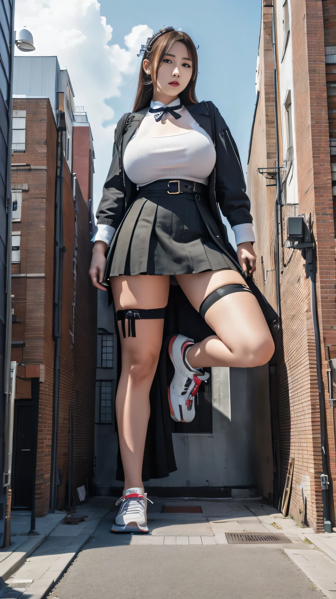 Mini Gearness, Japanese, Full body photo,In the city,Short skirt outfit,Height 100 meters,Gigantic breasts larger than an extremely obscene face,(length:1.2),Very tall,Beautiful appearance,Exquisite makeup,Perfect lighting ,Movie quality,8k,high quality, (GTS:1.5),One foot on the roof,One foot on the building,aerial photograph, Sitting on the roof