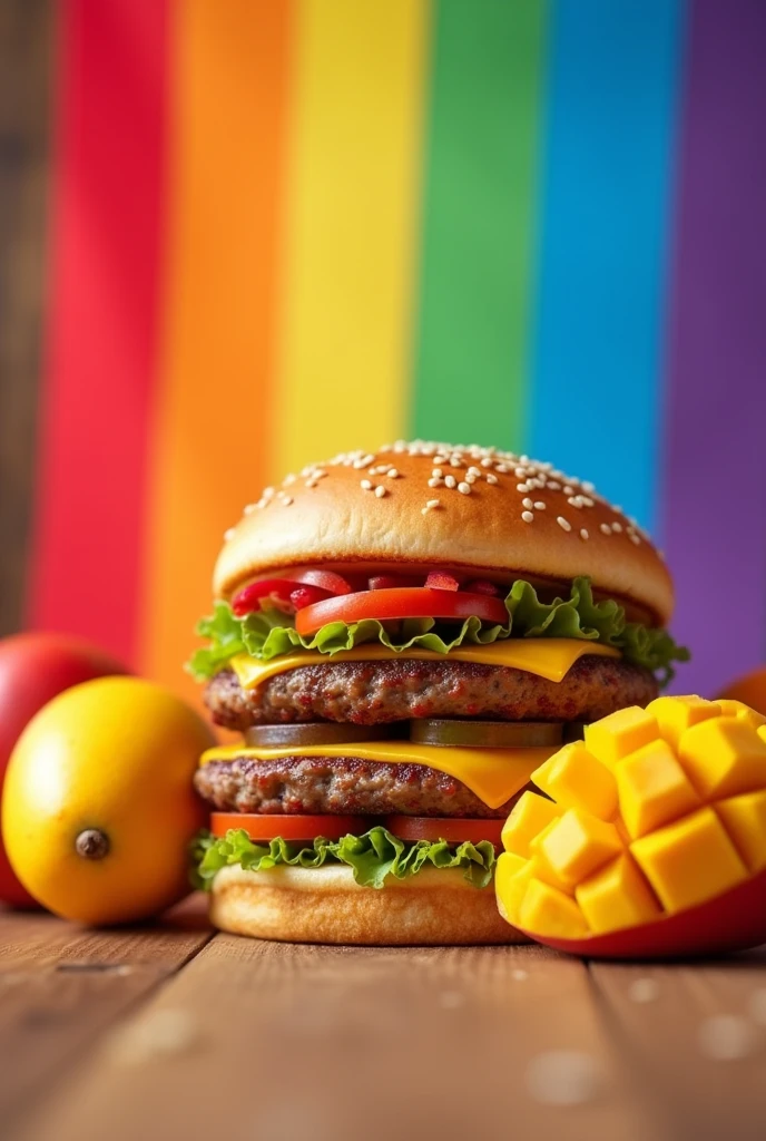 A hamburger, a mango, with the gay pride flag