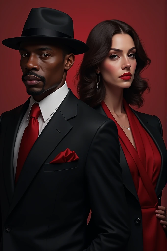 Create a black man in a suit and black hat with a red tie, from beside, Create a woman in a black and red suit