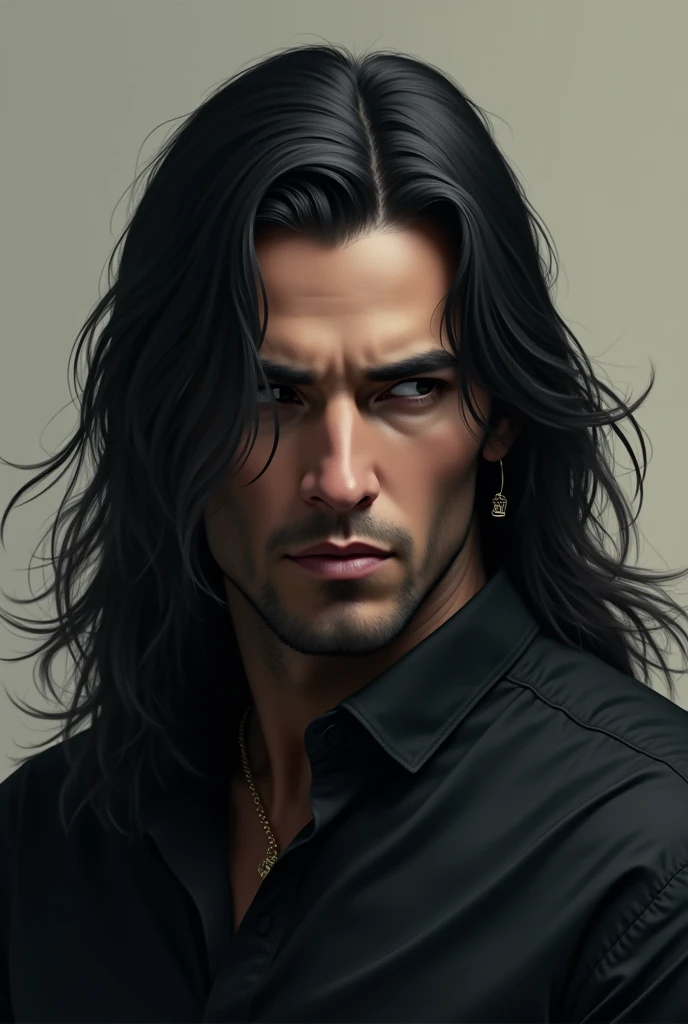 Long hair man with a straight face