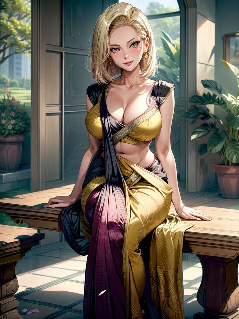 masterpiece, absurdres, android 18, 1girl, solo, smiling, mature female, wearing indian saree, yellow saree, looking at viewelling petals), perfect composition, detailed lips, big breast, beautiful face, body proportion, blush, (pink lips), blonde hair, short hair, soft gaze, super realistic, detailed, photoshoot, realistic face and body, full body picture, 16k, at a flower garden, wearing high heels, sitting