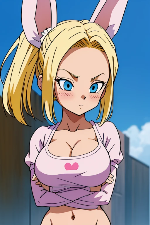 chest, Shortcuts, blue eyes, blonde, Bunny ears, Highest quality, blush, 大きなchest, , Anime Style, Android 18,大きなchest, Heavy breathing, Look closer, Twin tails, Accurate, High resolution, Attention to detail, Frowning, Tsundere, Earrings,Nipples,whole body,Thighs
