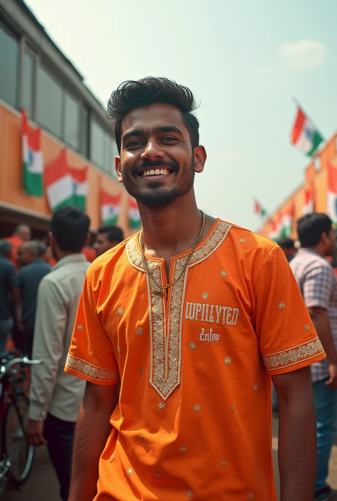 "Generate a real-life image of a 21-year-old
(boy) joyfully celebrating Indian
Independence Day. The individual is dressed
in traditional Indian attire with the name
VYANARANAM VAMSI' prominently displayed on their
clothing. The sky above them features the
words 'Happy Independence Day' in a bold
font. The background is alive with a crowd of
people celebrating, creating a vibrant and
patriotic atmosphere, and side one Indian railway loco model."