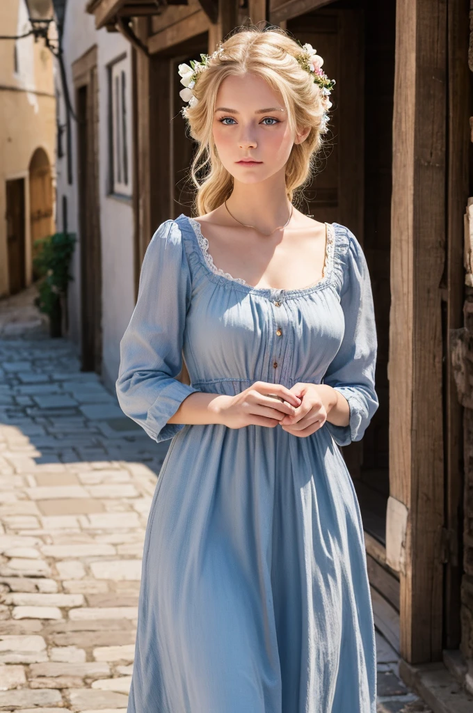 Highest quality, masterpiece, Realistic photos, Intricate details, RAW Photos, Super detailed, old fashioned young woman, Wearing a peasant dress, No neckline, Blonde, Perfect details and blue eyes, Walking around the old town, HD quality, 8k, young woman, 20-year-old