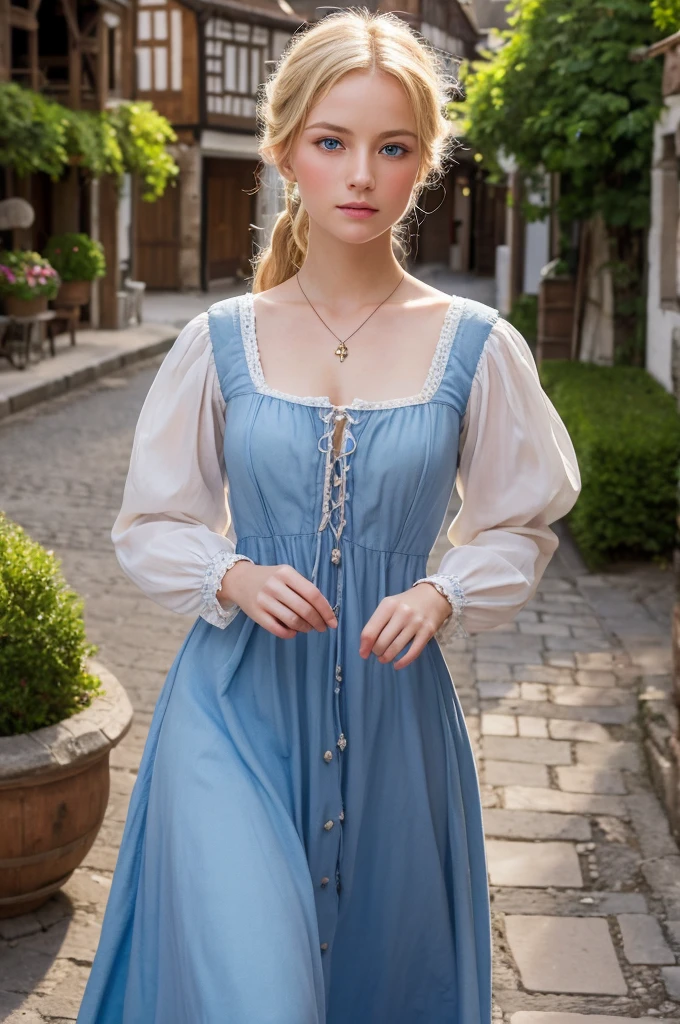 Highest quality, masterpiece, Realistic photos, Intricate details, RAW Photos, Super detailed, old fashioned young woman, Wearing a peasant dress, No neckline, Blonde, Perfect details and blue eyes, Walking around the old town, HD quality, 8k, young woman, 20-year-old