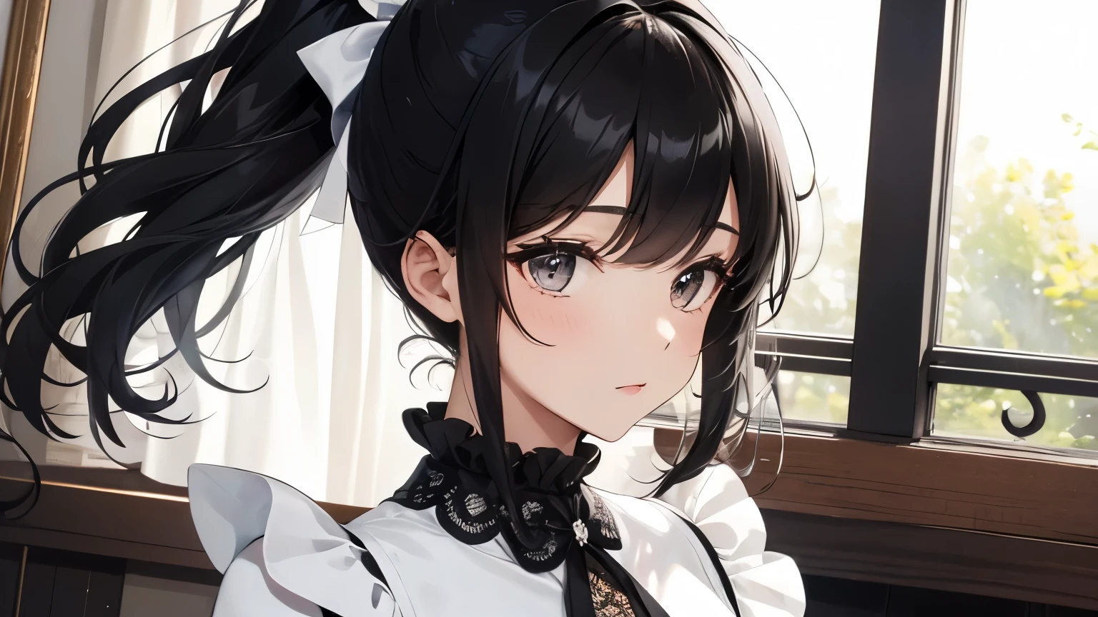 A beautiful woman wearing a black and white long puff-sleeved dress with lots of frills and lace　Black hair ponytail with ribbon　Upper Body　lipstick