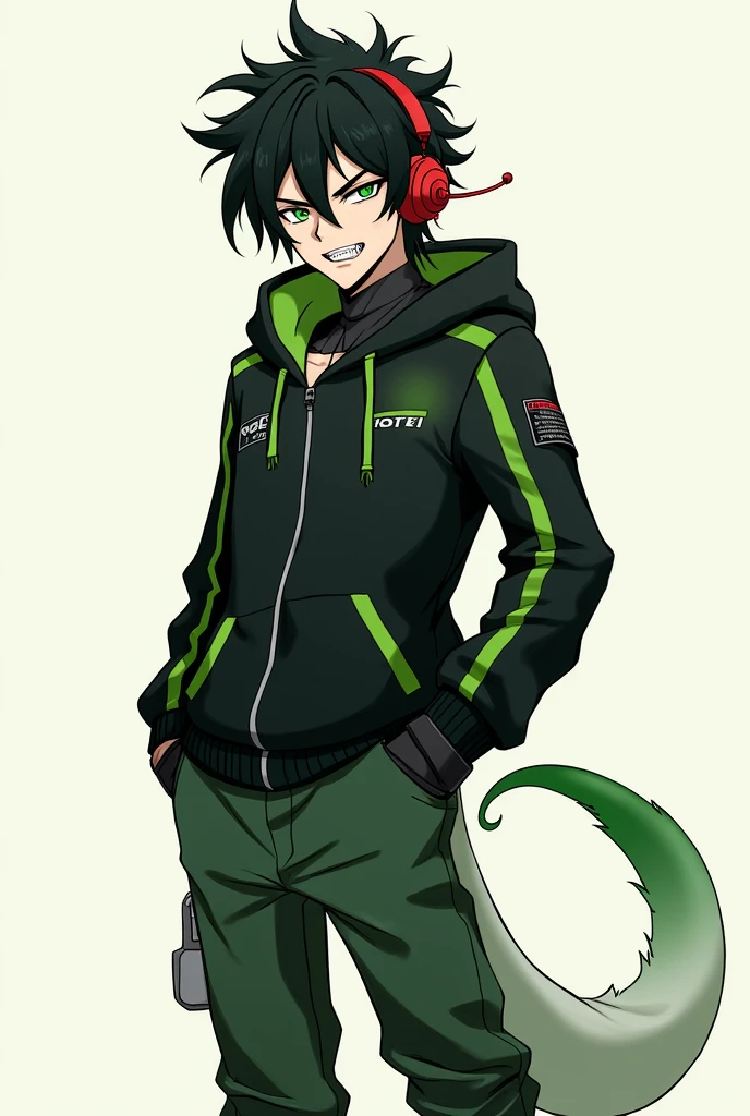 黒のような緑のような髪のmale。。Short, outward-curling hair is tousled and frizzy。Green eyes with an upturned gaze and severe dark circles。
A close-fitting, racer-style hoodie and a red headset are worn。A microphone and antenna extend from the headset。The hoodie is black with green from the shoulders to the biceps。There's a chest pocket with a silver zipper。An inner deep green hooded sweatshirt is worn。The pants are green from the knees down and green around the pockets、The inside is gray。The boots are solid green。A soft tail accessory is attached to the left hip, with a gradient from white to green。The teeth are jagged。The whites of the eyes are black。male。