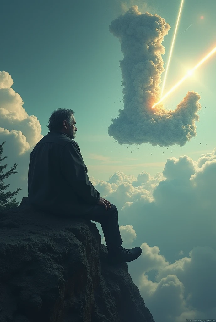 A man sits on a mountain watching the apocalypse on Earth and the fall of a meteor shaped like the letter "L"