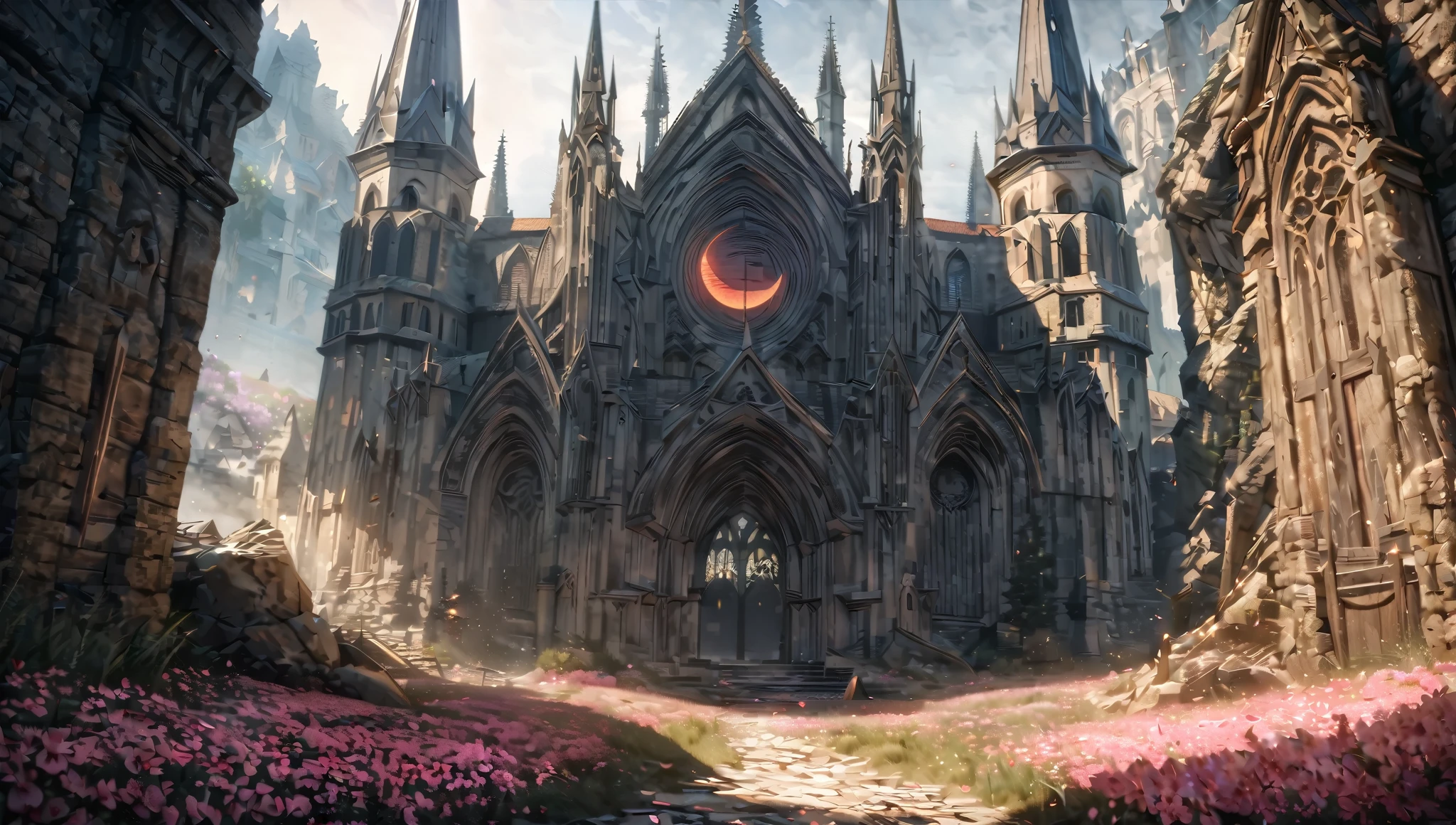 anime aestetics, fantasy landscape, medieval cathedral, broken walls, tall old wooden doors, black old broiks, broken road leading to the old cathedral, red solar eclipse, a lot of pink flowers with pointy petals, dark souls 3 eclipse, wide shot, front view, berserk eclipse, tragic atmospher, sad atmosphere,   4k, masterpiece:1.4, best quality,4k,high resolution ultra detailed, retina