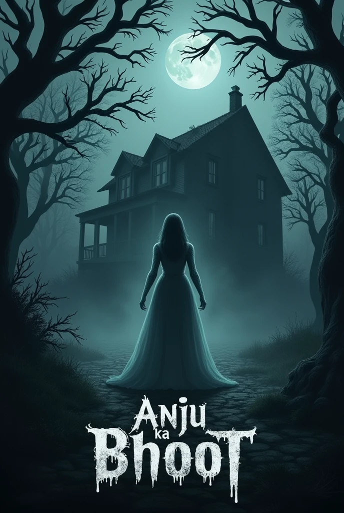 "Design a 9:16 horror thumbnail with a dark and eerie atmosphere. Show an old, abandoned house at night, shrouded in mist and surrounded by twisted trees. In the foreground, include a ghostly, translucent figure of a woman with a haunting expression, emerging from the shadows. Use a chilling color palette of deep blues, grays, and blacks. Add the title text 'Anju Ka Bhoot' in a spooky, dripping font, prominently placed at the top or bottom of the image."