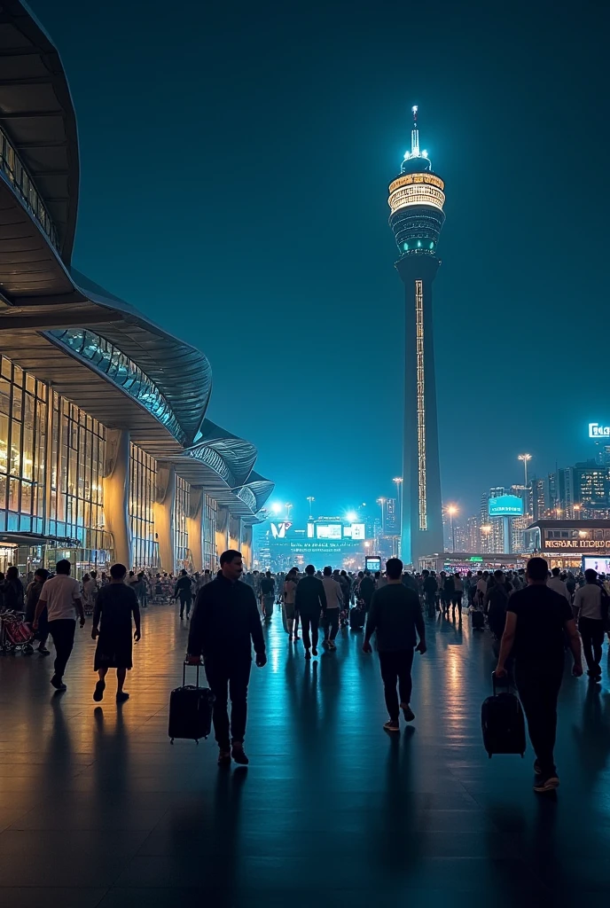 Create a photo of Dubai International airport at night photographed using a phone