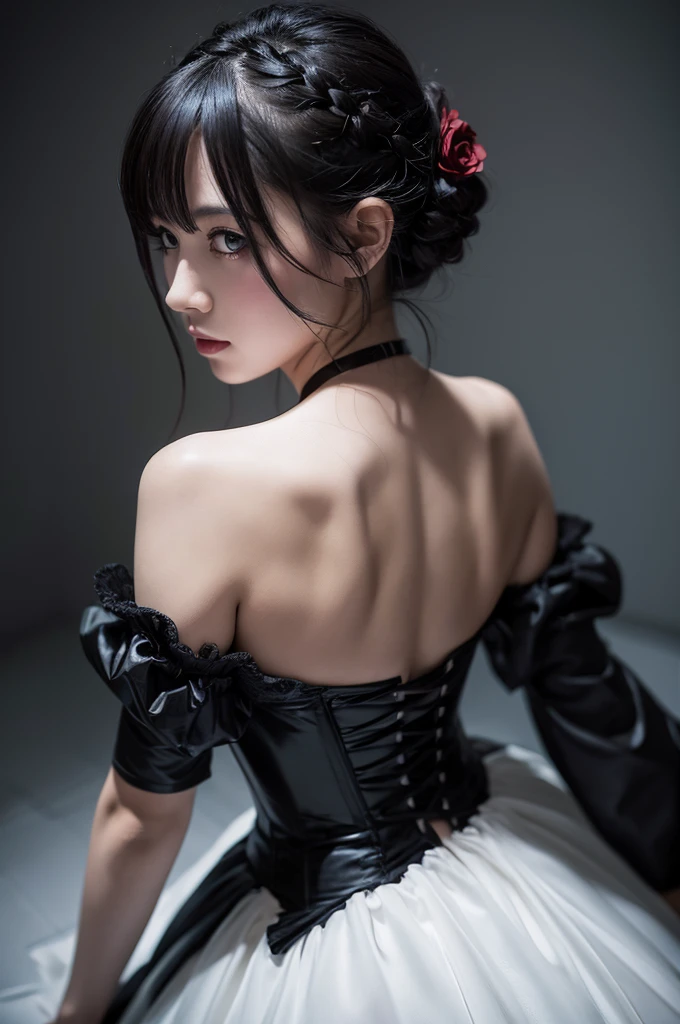 The ultimate realistic bra,Award-winning RAW color photos of Victorian-era vampires cherrynobodysd15+ Wearing a black dress and leather corset, dark霧の村, night、an ominous、dark、Premonition, haze, moonlight, Vivid and captivating eyes, Pale skin, (Black Hair)+, Shallow depth of field, High Contrast, Backlight, bloom, chromatic aberration, Smooth, Sharp focus, Shooting with a mirrorless camera