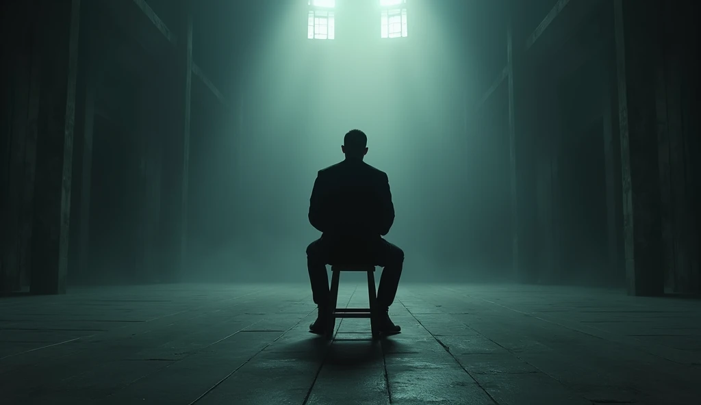 A top of the stool sitting man ready to suiciding in a dark wide angle lorge room with hang up