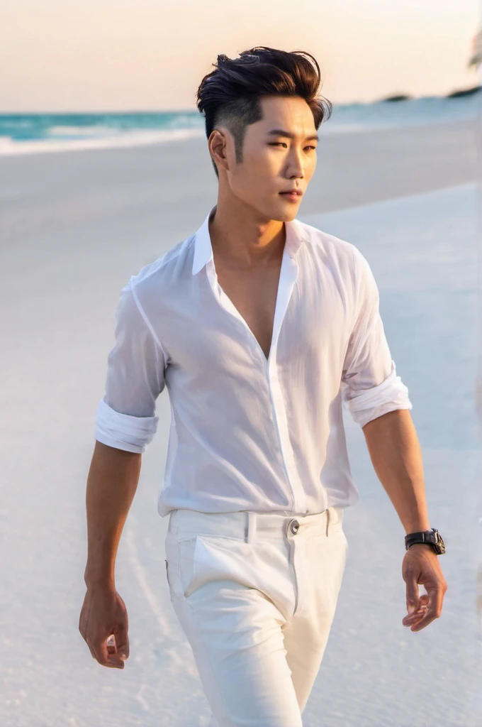 A handsome asian man walking in a white sand beach, with a stylish hair, sunswtbretro, surrealism, ultra HD res, high quality