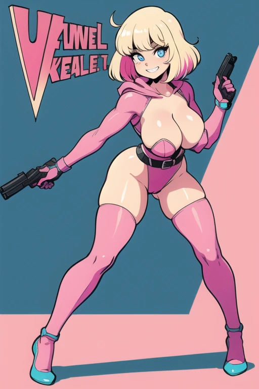 ((ultra quality)), ((masterpiece)), (GwenPool:1), ((blonde hair, multicolored hair, blue eyes)),(superhero, bodysuit, pink leotard, belt, gun, gloves, belt pouch, hood:1), looking at viewer with a snarky grin, expressive, action pose, leaning forward, (dynamic_angle:1), (dynamic_pose:1.2), (masterpiece:1.2), (best quality, highest quality), (ultra detailed), (8k, 4k, intricate),(full body:1) (Masterpiece, Best Quality), 8k Wallpaper, highly detailed, poster, vintage spy film, 1960s, sexy female rental killer, simple color background, single color background, seductive look, mid century modern, movie poster, vintage, vintage look, wide hips, large breasts, skin tight. pink color theme, pale pink theme, striking eyes, comic, comic style, full body showing, head to toe