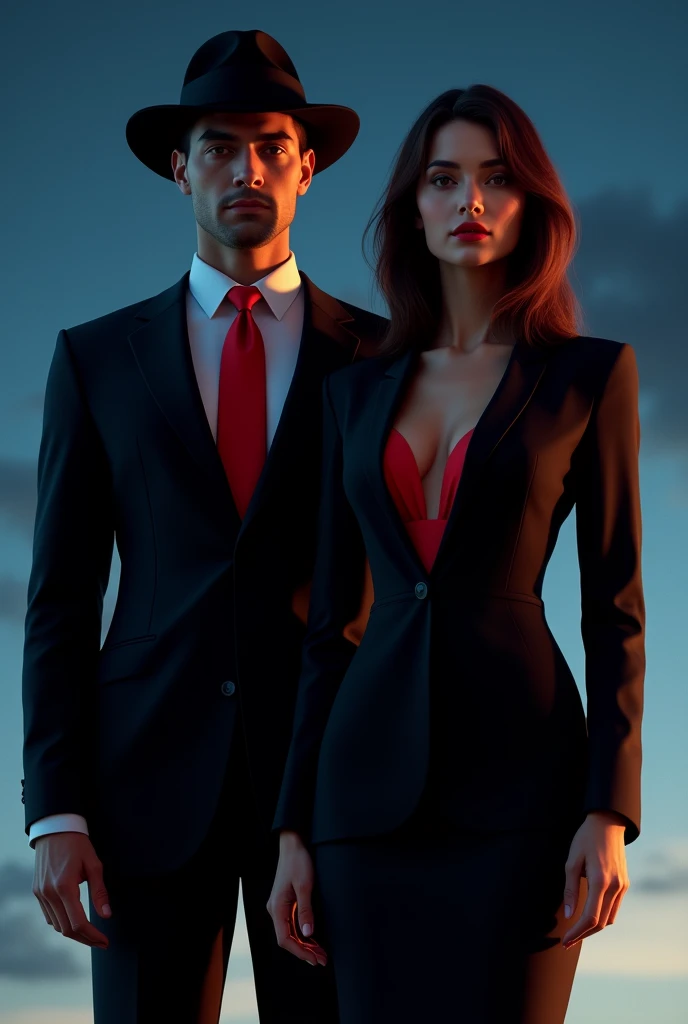 Create a black man in a suit and black hat with a red tie, from beside, Create a woman in a black and red suit. Make the night background