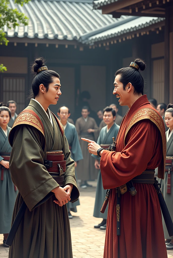 A young Toyotomi Hideyoshi, standing in a traditional Japanese castle courtyard, his face flushed with embarrassment as he scratches his head. Oda Nobunaga is laughing heartily, pointing at him, with samurai and retainers watching in the background, the wooden structures of the castle visible."